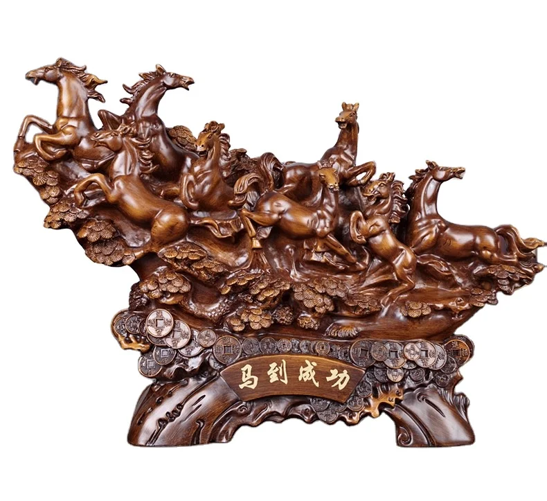Chinese Traditional Fengshui Poly Resin Home Decoration Sculpture Wood Texture Horse Sculpture