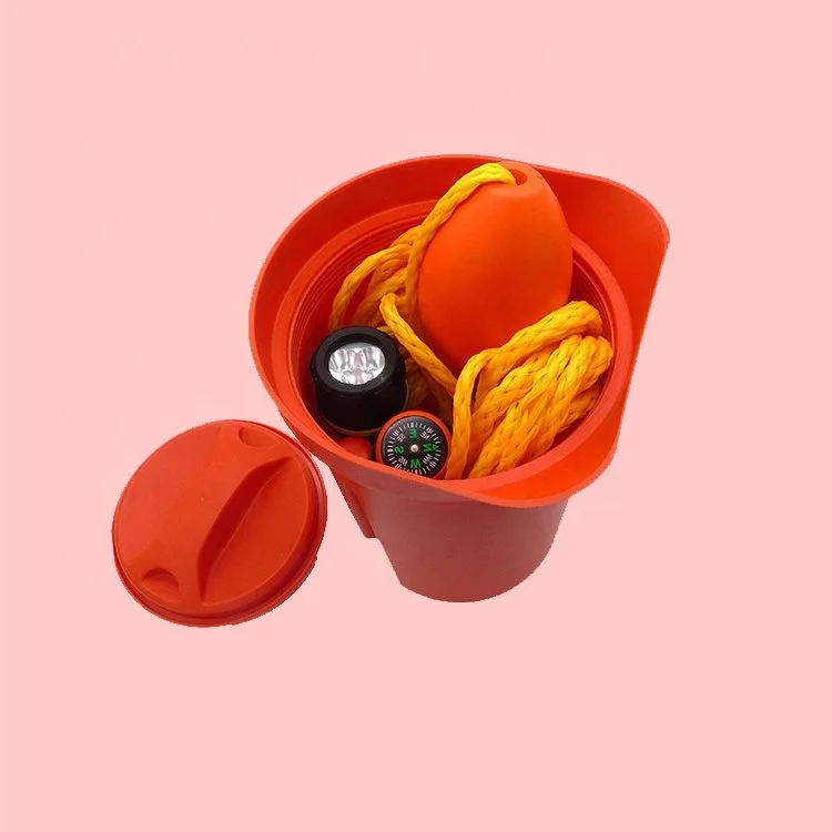 Marine boat accessories ship bailer kit for water-sports bucket scoop, 50 ft rope and float, LED torch and whistle orange color