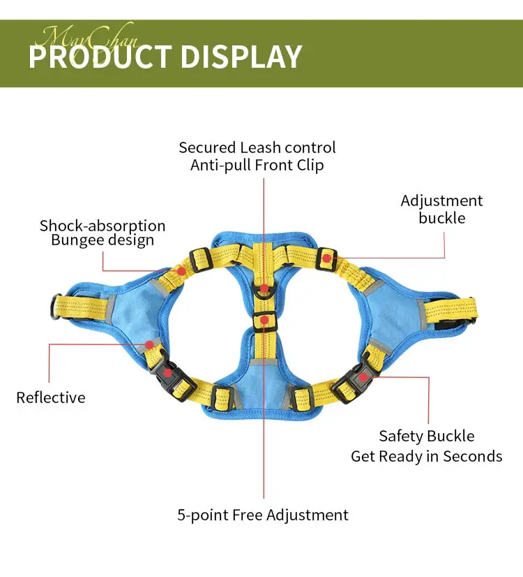 Maychan Soft Reflective No Pull Dog Harness, Oxford Adjustable Dog Harness with Shock Absorption Strap