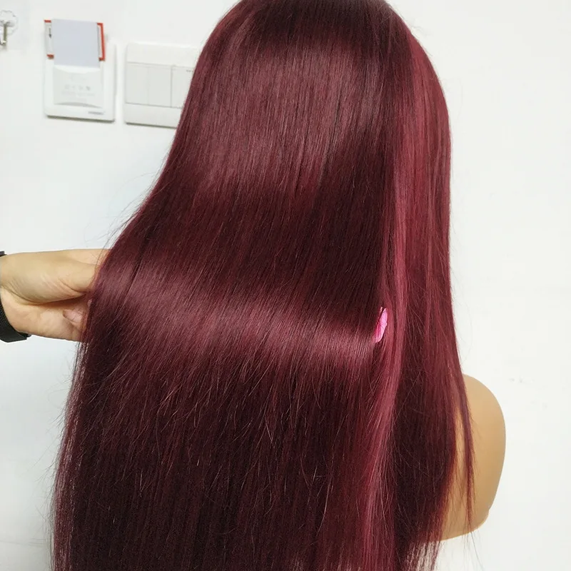Burgundy Red Wine 13x4 Straight Brazilian Virgin 100% Human Hair Transparent Swiss HD Lace Front Wig for Black Women