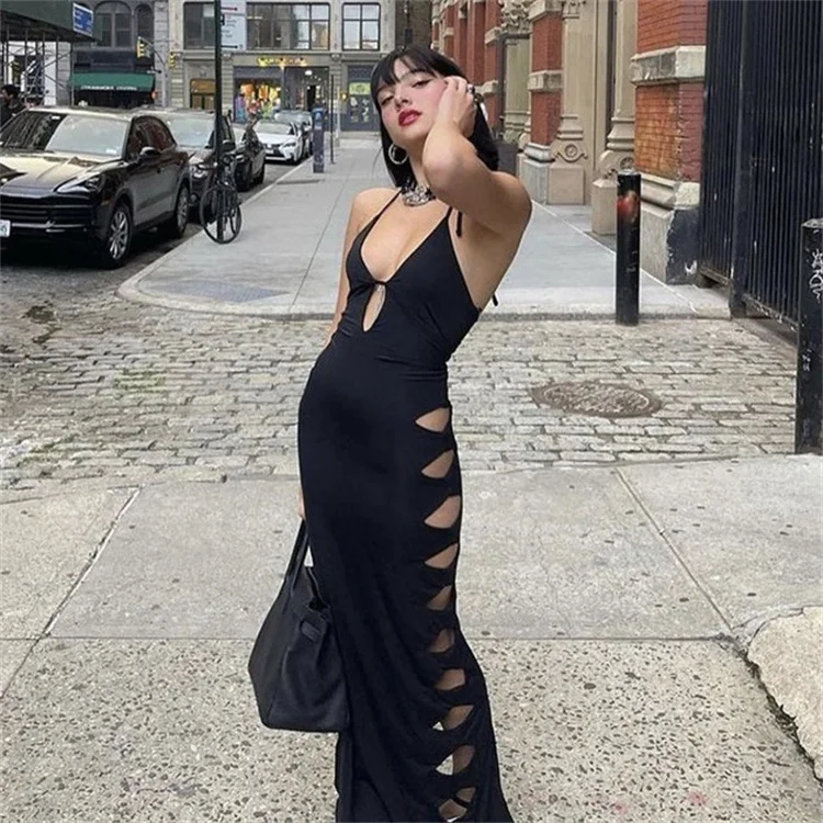Hot selling sexy neck hanging dress with hollowed out low cut Tight fitting Spicy girl Pure desire to wrap buttocks long skirt