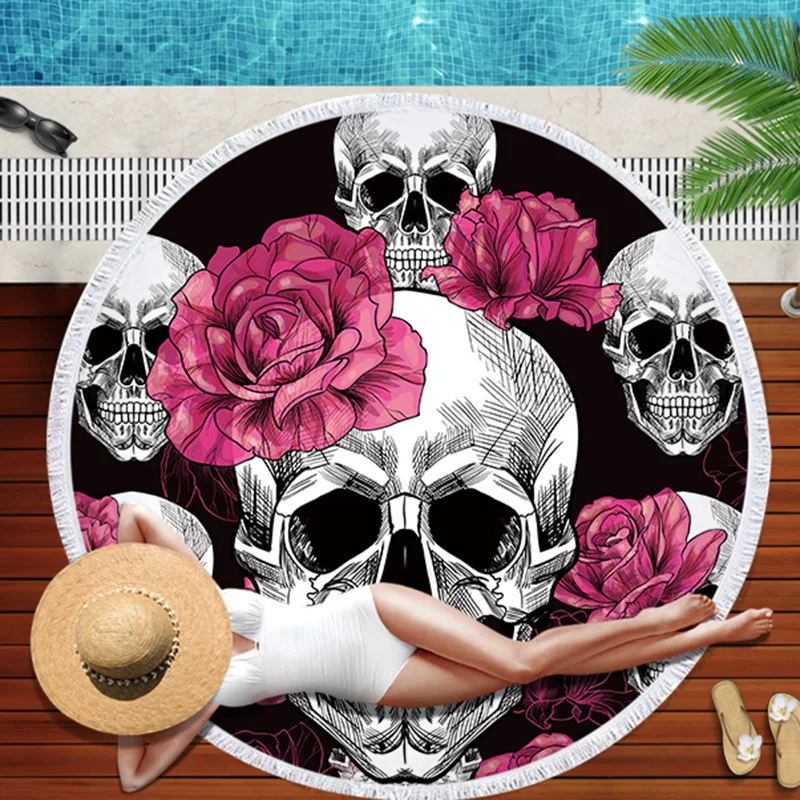Skull Round Beach Towels Floral Bath Towel Tassel Black Yoga Mat Flower Gothic Blanket