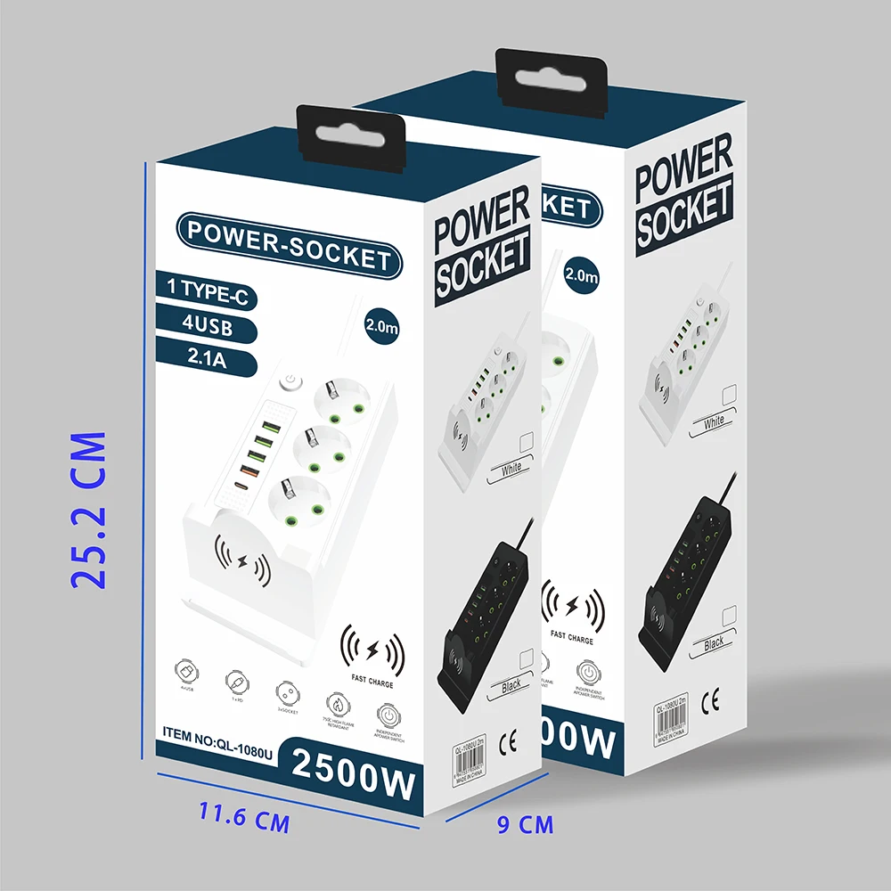 Wireless Charger Extension Socket 3 Way German Plug Adapter Schuko Type C Charging Electrical USB Power Board Outlet