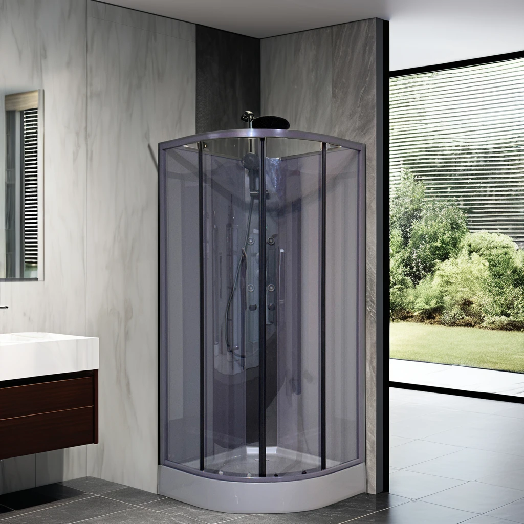 Sliding Open Style ABS Sector 5mm Tempered Glass Hand Shower Faucet Grey Glass Back Panel Black Aluminum Profile Shower Room