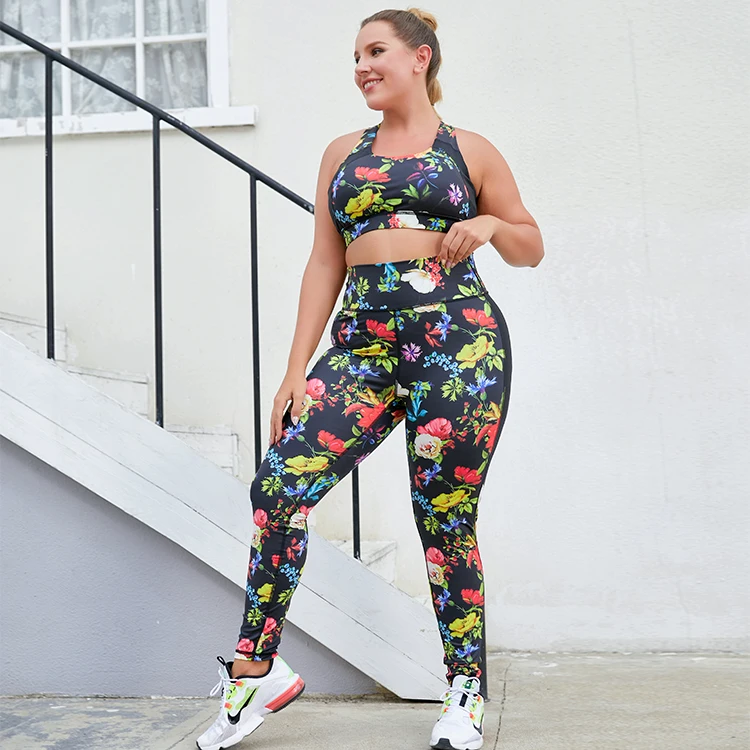 New Arrival Plus Size Yoga Clothes Flower Print Fashion Yoga Suit Butt Lifting High Waist Yoga Pants Set