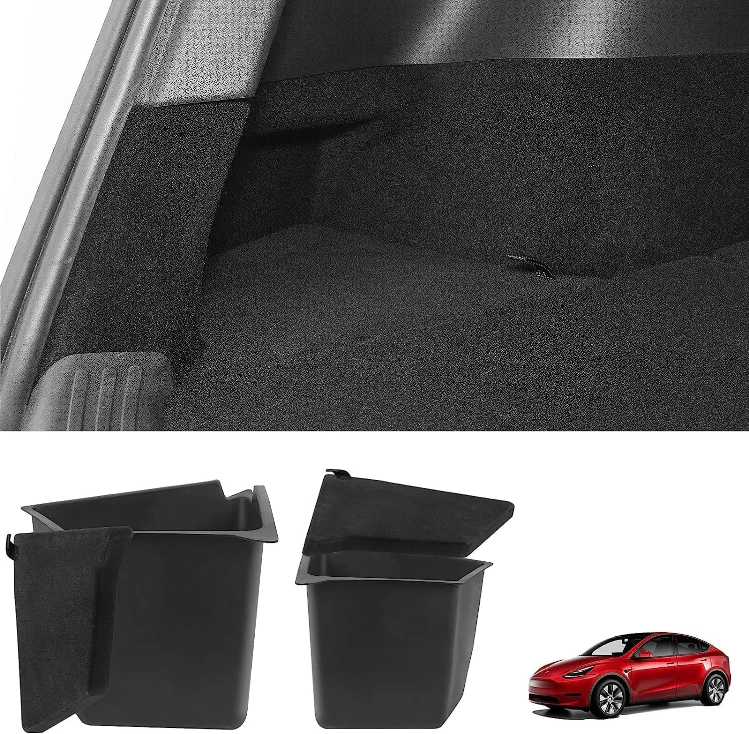 Set of 2 Trunk Side Box Organizer Waterproof Rear Trunk Storage Bins with Carpeted Lip for Tesla Model Y 2022 to 2024 Highland