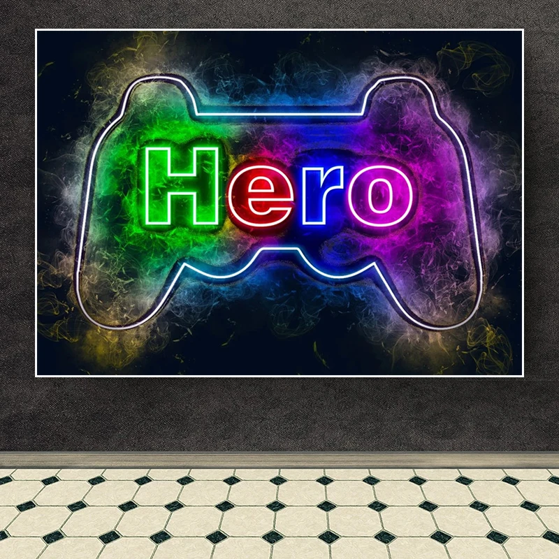 Neon Light Hero Game Console Handle Wall Art Poster Nordic Abstract Canvas Painting Modular Picture For Home Living Room Decor