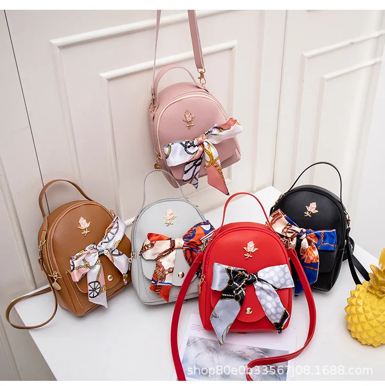 Hot sale trendy mini flower decoration luxury backpack girl small backpack with bow scarf