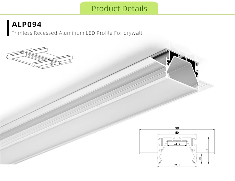 
Trimless recessed Aluminum Profile for 12.5mm thick plasterboard 