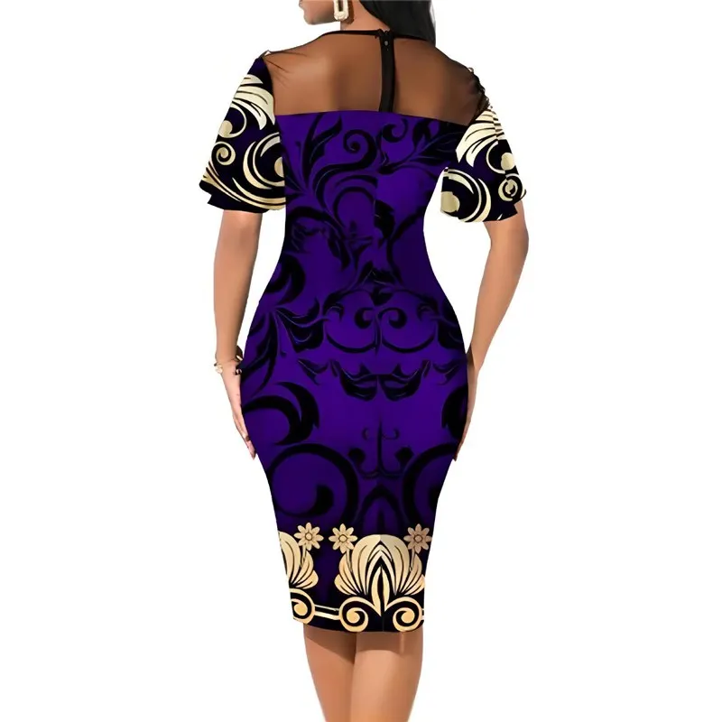 Y308030 Elegant Purple Print Party Dress for Women Sexy Mesh Short Sleeve Slim Office Lady Bodycon Dresses Summer OL Vestidos