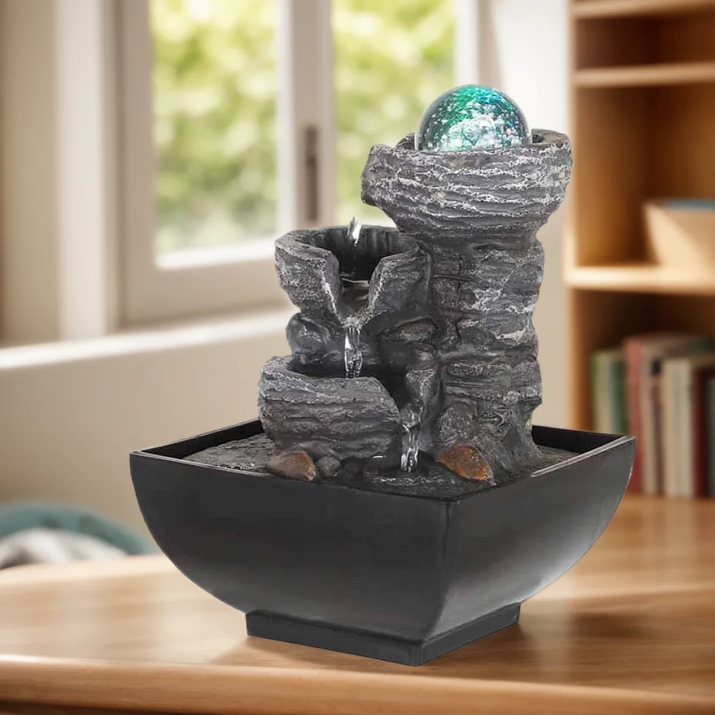 Wholesale Indoor Zen Meditation Relaxation Decor Desk Waterfall 3 Tier Rock Water Fountain Resin Tabletop Small  Fountain
