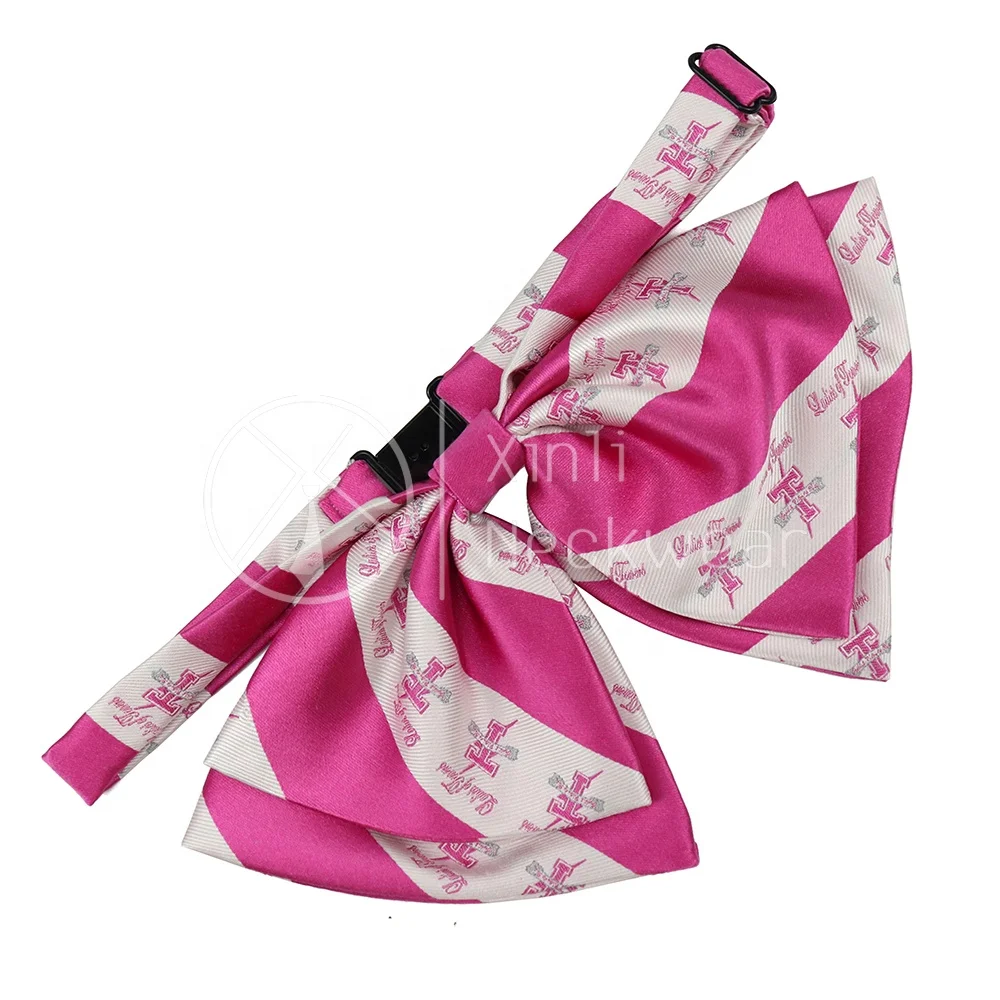 Custom Logo Designs Wholesale Pink White Striped Polyester Woven School Uniform Bow Ties for Girls