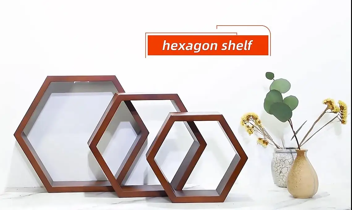 3PCS set  unique  Hexagonal  shape Decorative  Hanging Wall Mounted wooden storage shelf