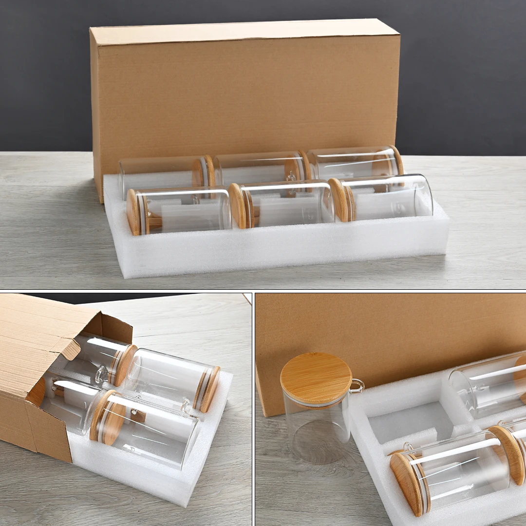 6pcs Airtight high borosilicate glass spice Storage jar set with bamboo lids and spoon