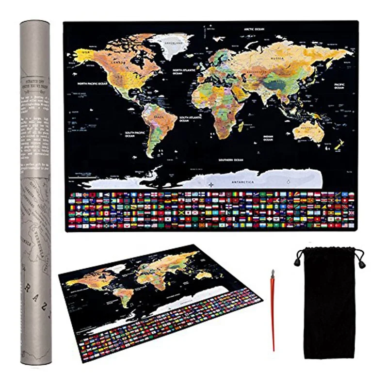 Best Selling Customizable Black Background Scratch Off World Map Poster With Flags
