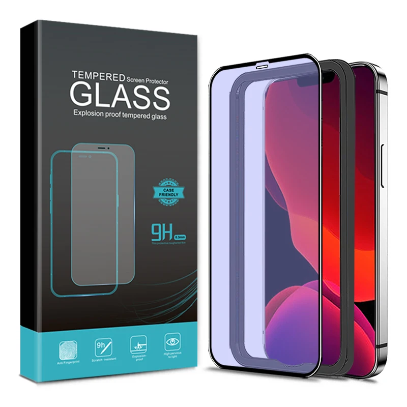 Premium wholesale mobile phone protector anti blue light filter silk print glass screen film with pack for iPhone 12 13