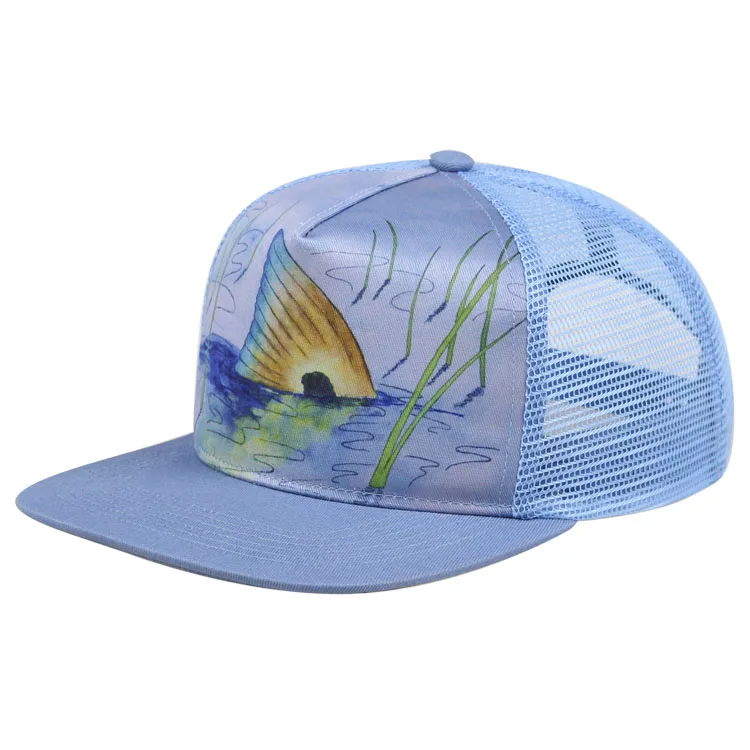 custom 5 panel flat bill sublimation printed mesh trucker hats