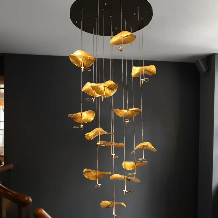 Simig lighting Light luxury modern creative copper gold lotus leaf Art Chandelier lamp for duplex staircase stairwell
