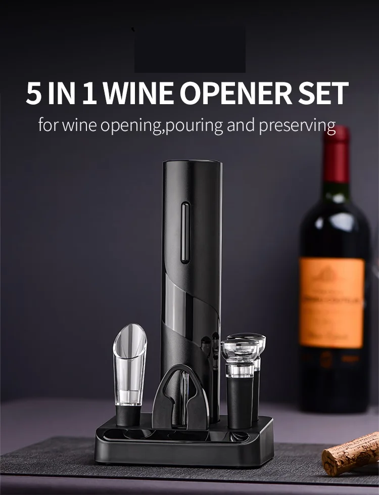 automatic corkscrew wine gift set factory wholesales custom logo rechargeable battery operated electric wine opener with base