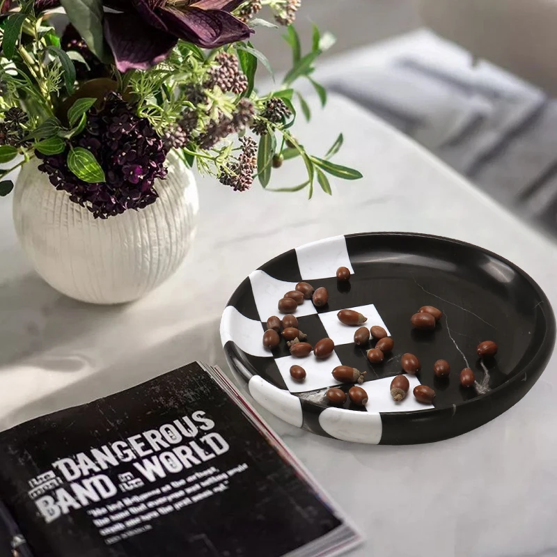 Luxury marble round fruit tray can be customized, household living room desktop storage tray, dessert dry fruit snack tray