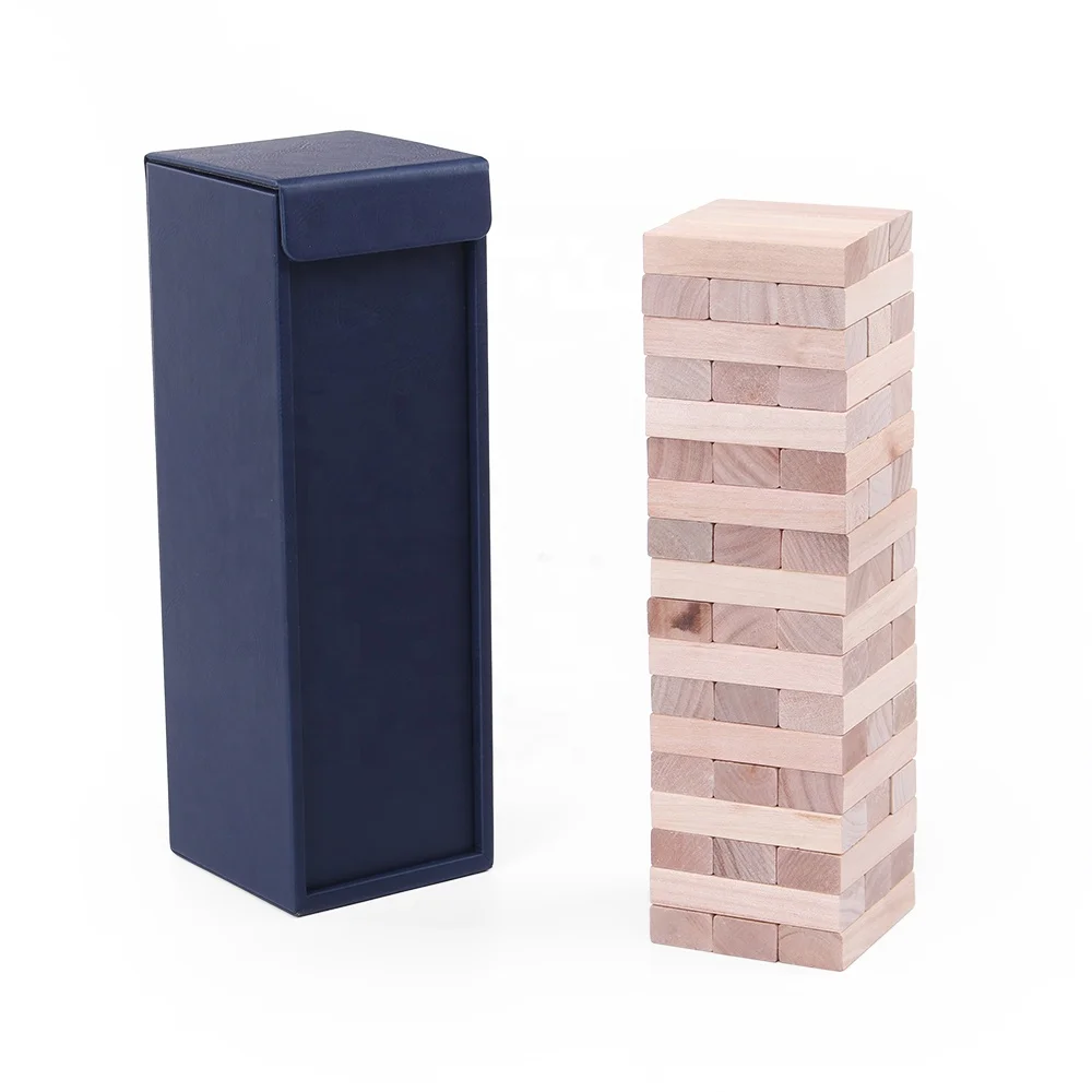 custom print 54 small wooden tumbling tower game for kids building blocks toy tumble tower with leather gift box