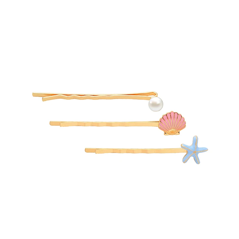 t04340 3 Pcs/Set Vacation Jewelry Gold Plated Pearl Shell Starfish Pink Blue Enamel Girls Korean Hair Pins Accessories