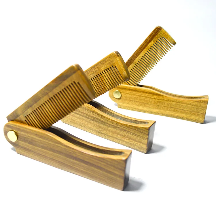 hot selling OEM green sandalwood lice comb for grooming & combing hair, beards and mustaches, wooden folding beard comb