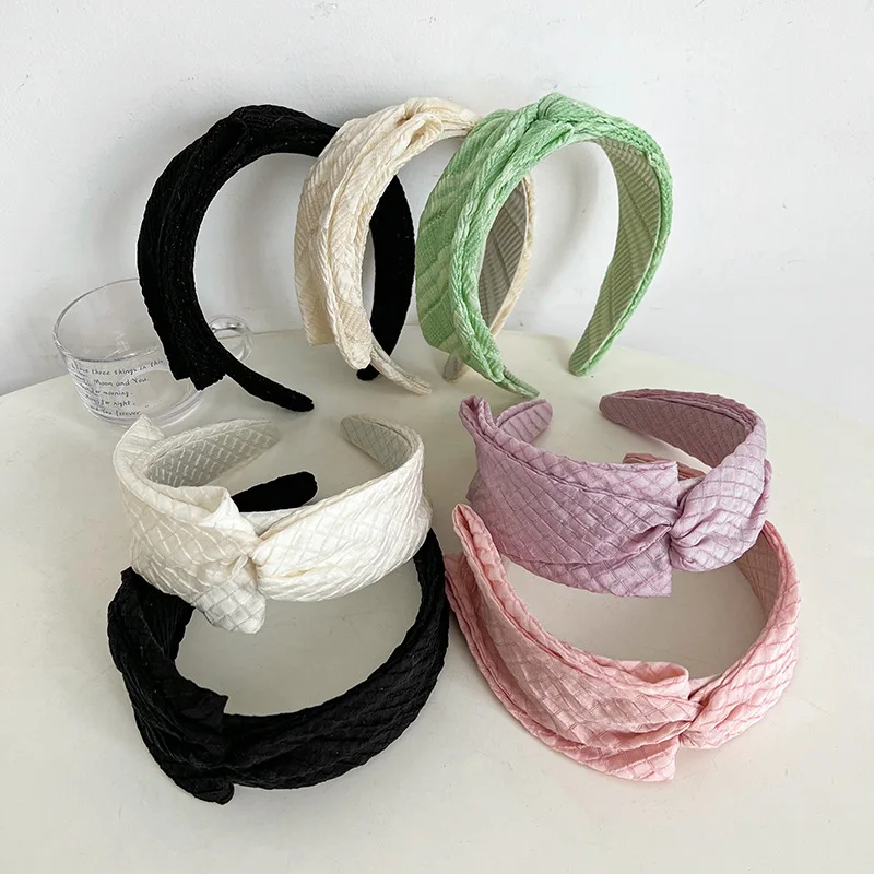 CLARMER 2023 New design wild solid color wide check women hair accessory handmade custom fabric cover bow headband