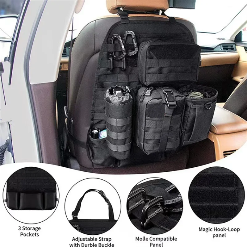 Tactical Molle Vehicle Panel Outdoor Self-driving Hunting Car Seat Cover Backseat Organizer with 4 Detachable Molle Pouch