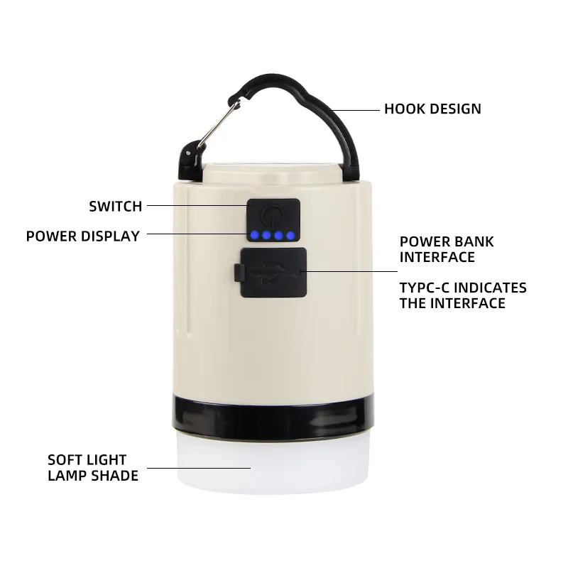 2024 Portable Rechargeable LED Camping Lamp White & Black Vintage Style with Hook Tent IP65 Certificate Outdoor Emergency Usage