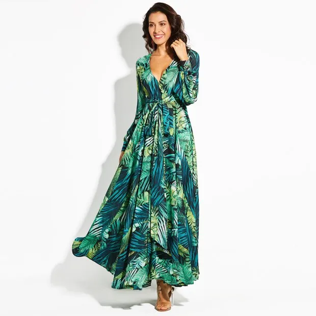 Ihj2315 Spring New Womens Dress Sexy V-neck Lantern Sleeve Green Leaf Print Long Casual Dresses