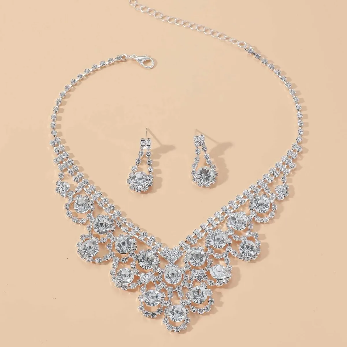 Wholesale Accessories Elegant Bridal Jewelry Set  Claw Chain Rhinestone Necklace & Earrings for Women, Perfect for Evening Dress