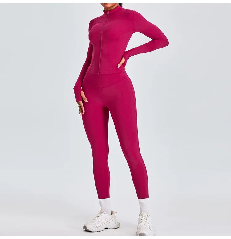 Wholesale Gym Fitness Long Sleeve Jacket Leggings Sports Suits Women Seamless Fitness Yoga Set high quality pink set