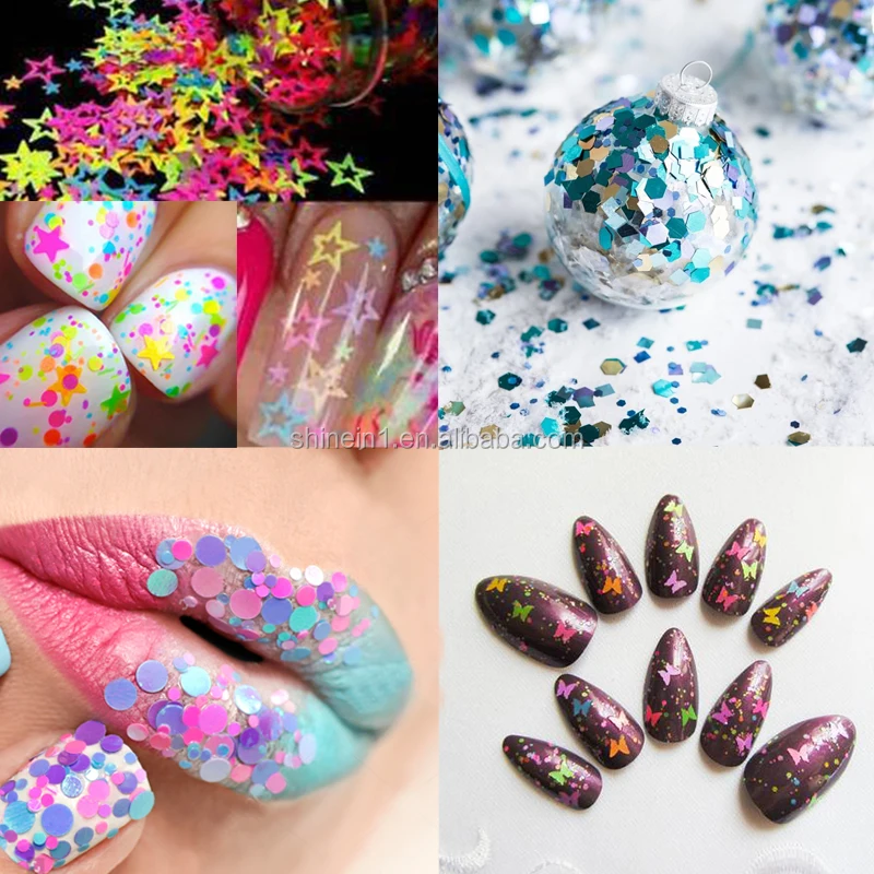 Shinein Chunky Neon Heart Glitter Fluorescent Butterfly Dot Neon Shape Glitter Nail Art Mixed Neon Color Glitter for Festival