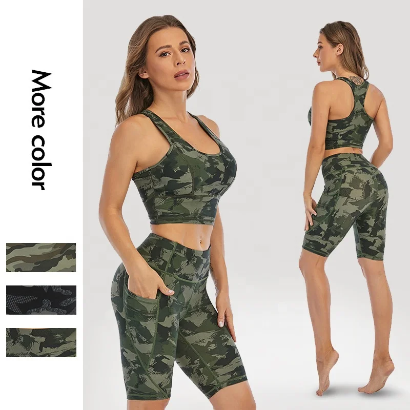 
Chinese Factory Sports Bra And Biker Shorts Set With Pockets Push Up Bra Slim Fitting Cami Biker Shorts Set 