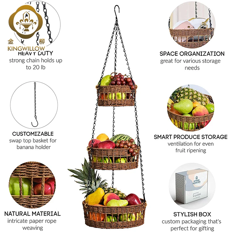 Kingwillow домашний сад забор тканый завод цветок на стену из бумажной ленты тканые 3 яруса кружевных подвесная корзина для фруктов с одной главной балкой с крючком