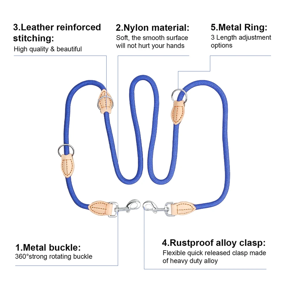 Customized Strong Heavy Duty Adjustable Leather Slip Lead  Dual Dog Training Leash Flexi Nylon Rope Pet Leashes