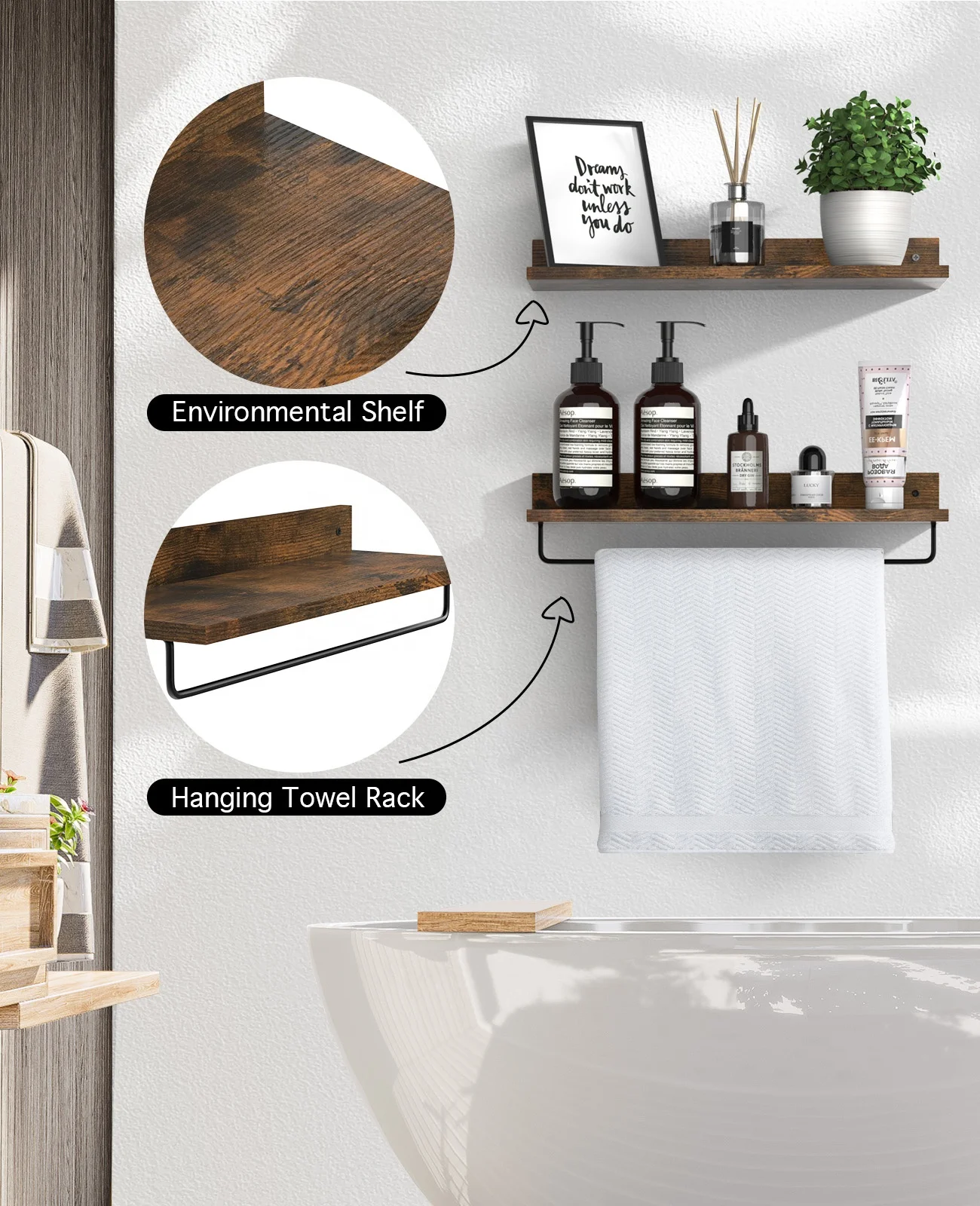 Custom Wood Decor Rustic Floating Shelves Wall Mounted Toilet Paper Towel Rack Set Dark Brown Bathroom Wall Shelf with Towel Bar