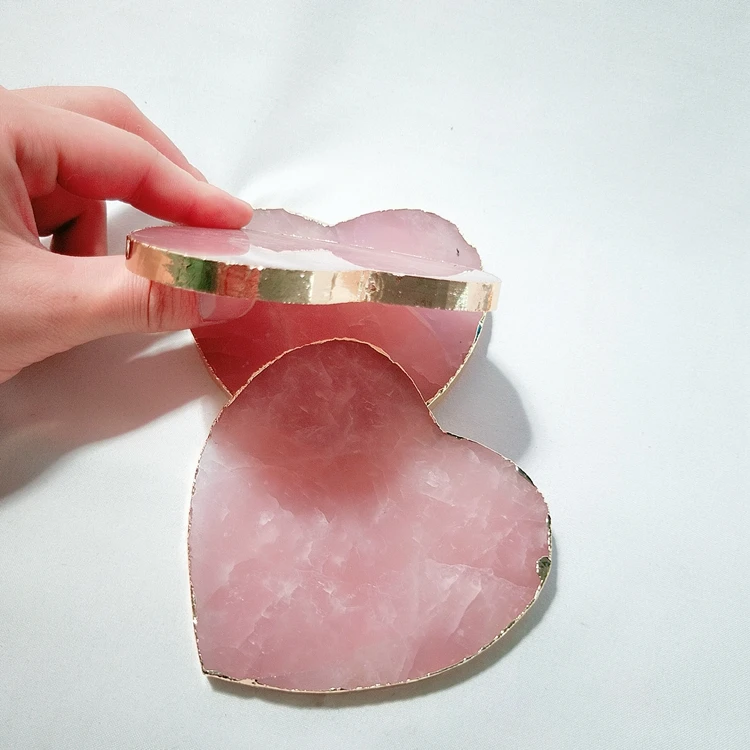 HY Rose Quartz Coaster Gold Electro Plating Square Stone Coaster 3' Drink Ware Wine Glass Pad semi-precious stone crafts
