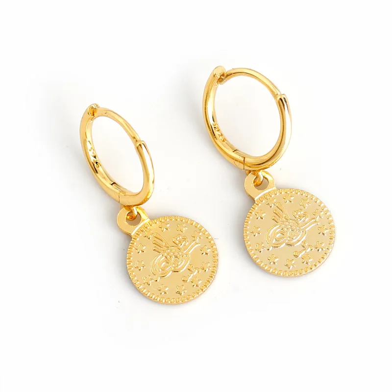 Fashion Korean Earrings Women 925 Sterling Silver Coin Shape Flower Star Hoop Earrings 18K Gold Plated Drop Earrings