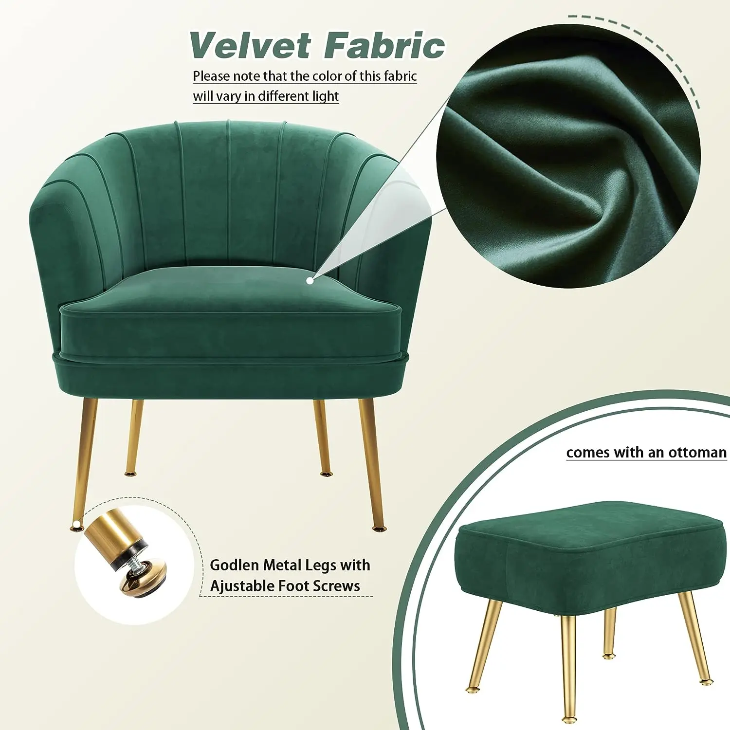 Velvet Accent Chair Ottoman Upholstered Modern Single Sofa Side Chair Living Room Armchair for Bedroom Living Office Furniture