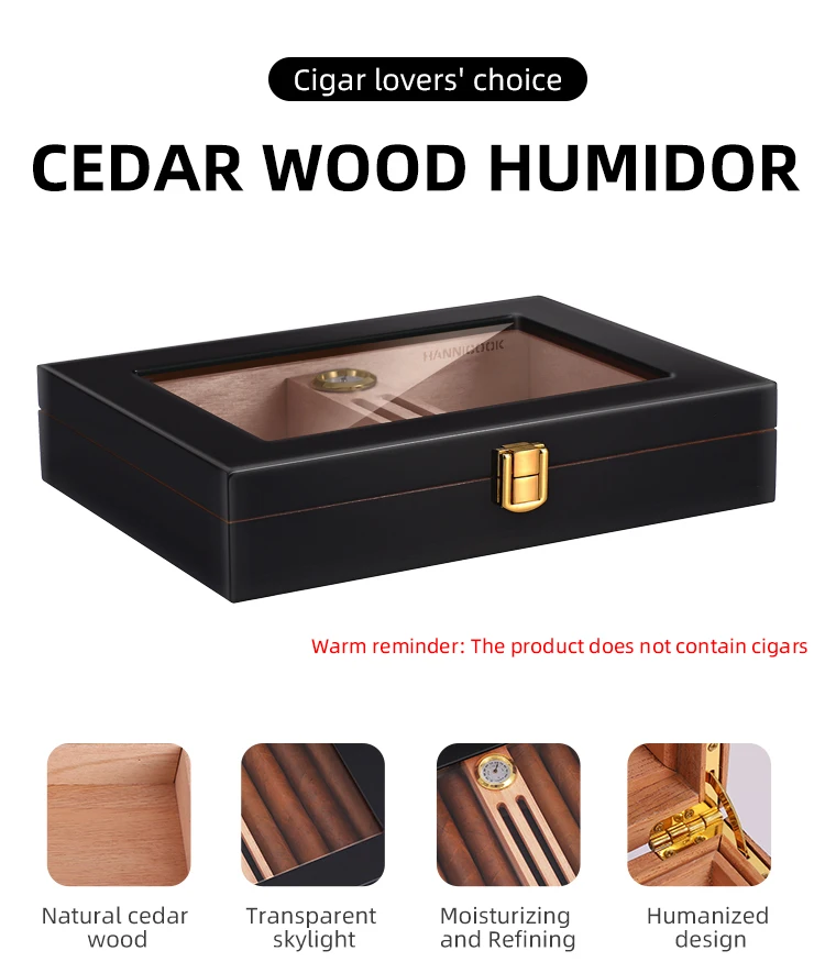 Custom logo humidor cigar box luxury wholesale smell proof black wooden blank hygrometer humidor best cedar cigar box