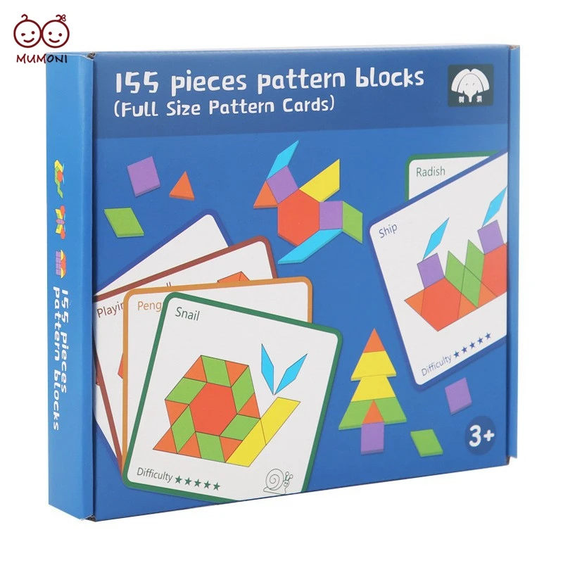 Top bright 155pcs geometric shape puzzle brain teaser blocks with flashcards wooden Tangram puzzle