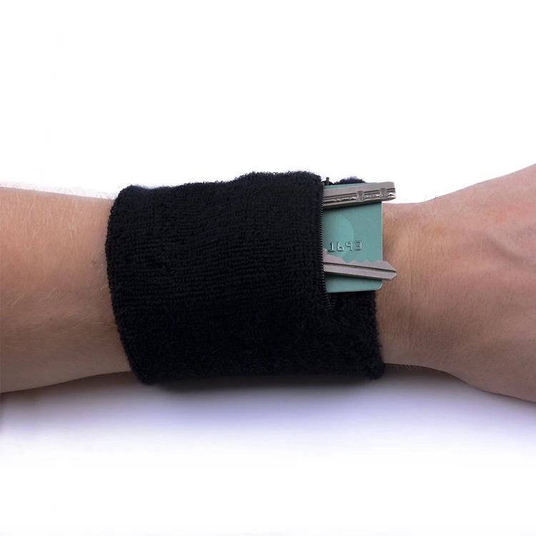Cotton terry cloth zipper sweatband wristband with pocket for sport