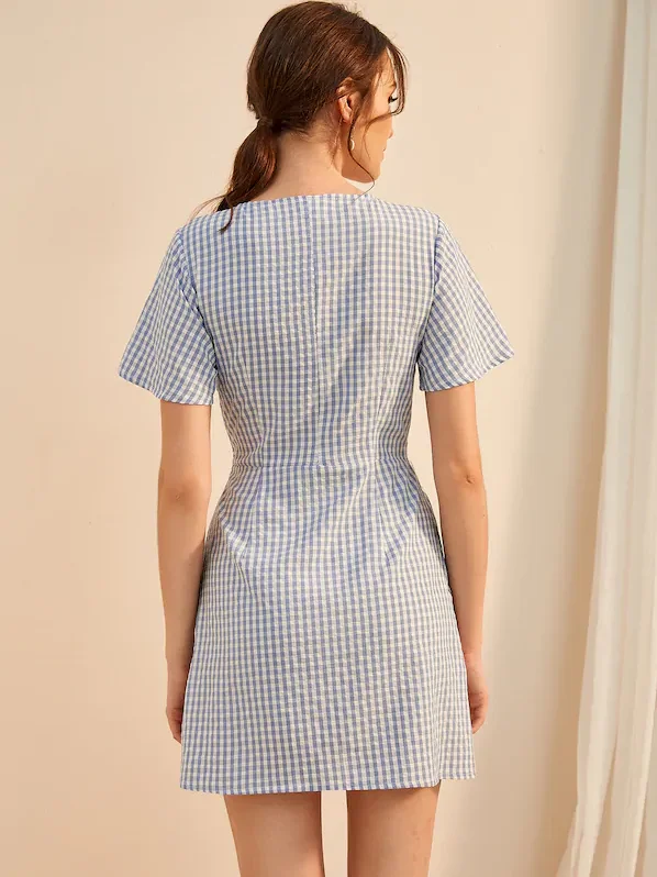 Wholesale Womens Summer Fashion Clothing Short Sleeve Front Tie bow Blue Plaid MIni Dresses