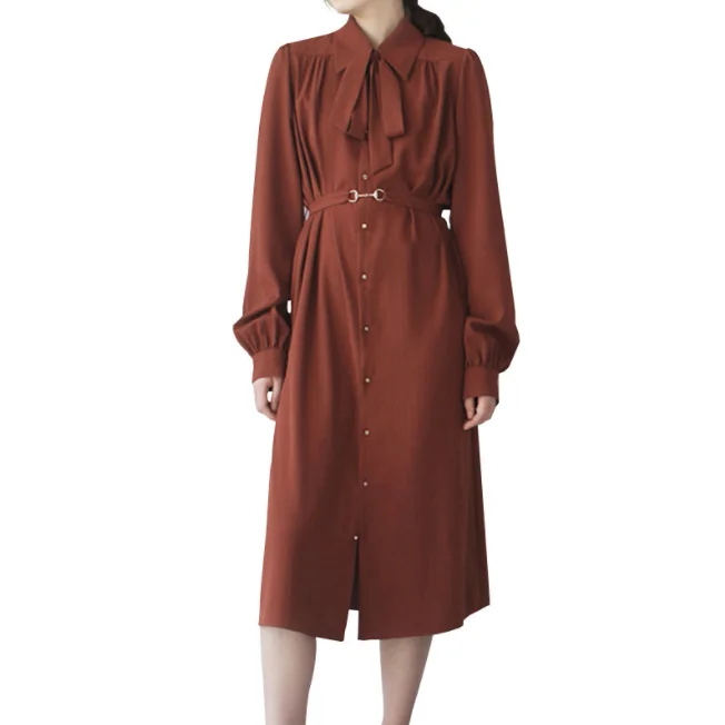 2022 Spring New Style Women Long Sleeve Midi Dress Fashion Turn Down Collar Slim Elegant Shirt Skirt