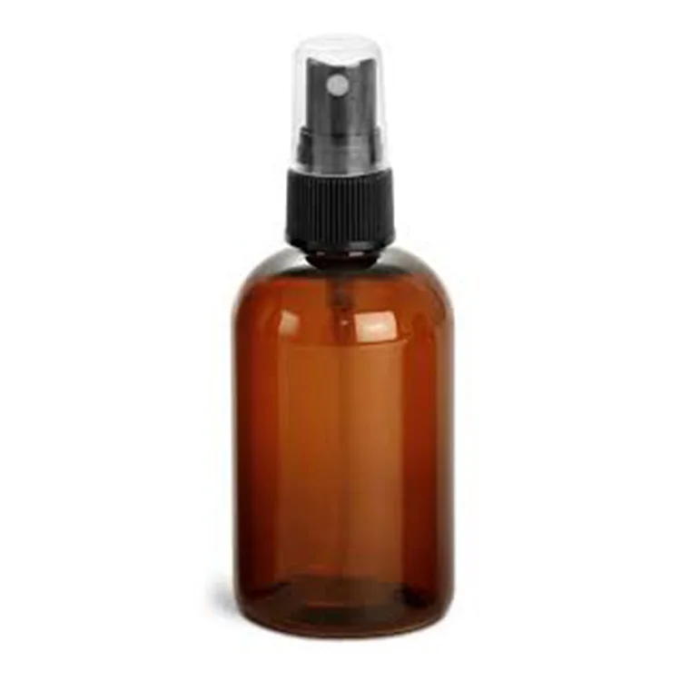 4 oz amber PET plastic boston round bottle with 24-410 neck finish