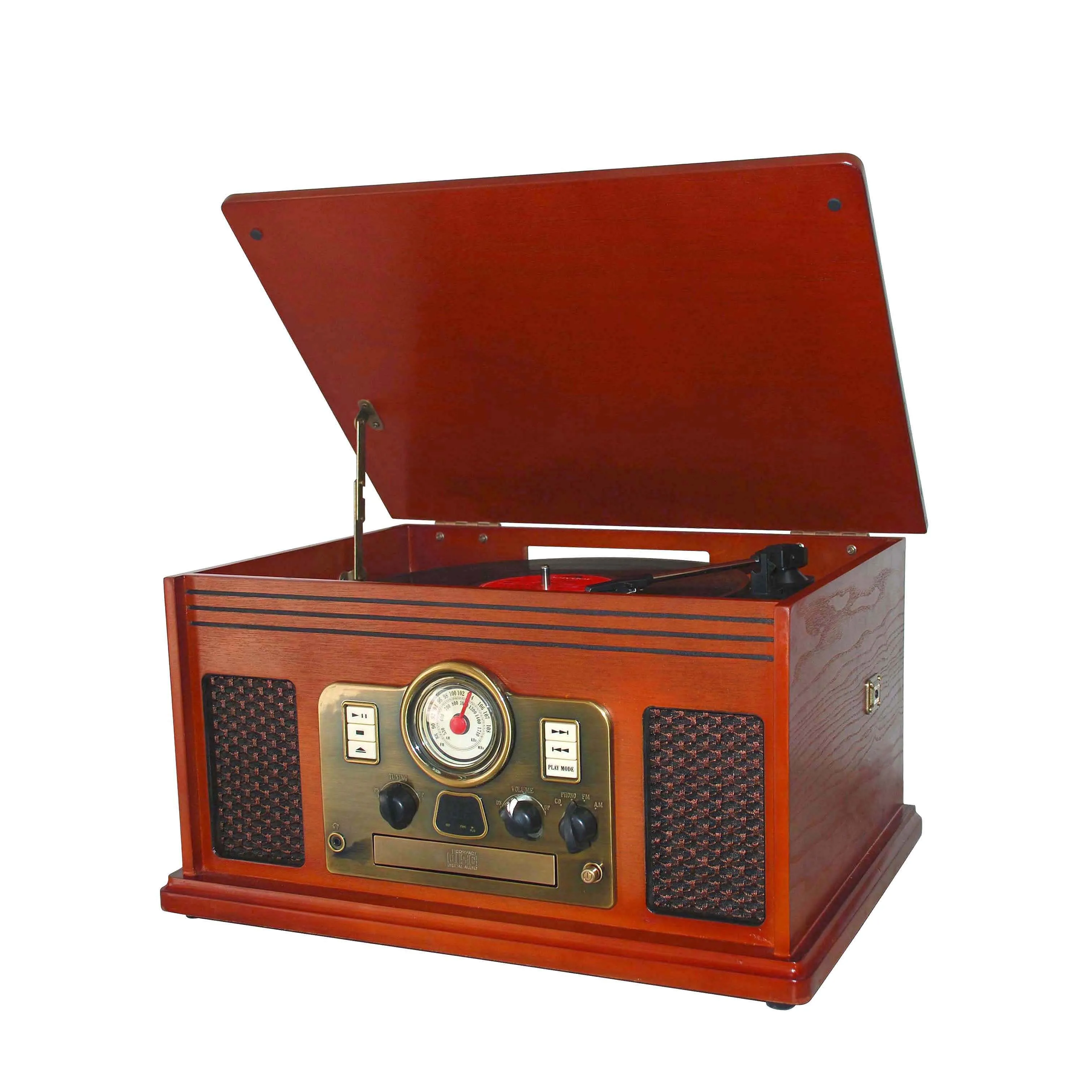 Classic retro wooden turntable  CD player AM/FM Analog Tuning music combo with Built-in Stereo Speaker