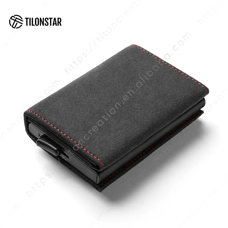 TILONSTAR TVC203a Portable Smart Aluminum RFID/NFC Blocking Card Holder Pop Up Wallet Suede Leather Card Holder