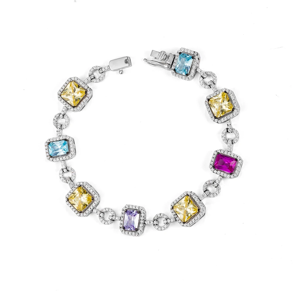 Sterling Silver 925 Rhodium Plated Spring Summer Color Rainbow Color Link Chain Bracelet For Women